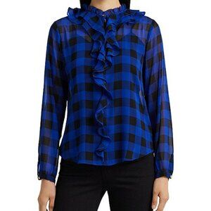 LAUREN RALPH LAURENEN Buffalo Check Ruffled‎ Georgette Blouse EUC Large
